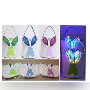 3 Easter Bunny Tote Bags with LED light up ears Green, Blue, and Purple